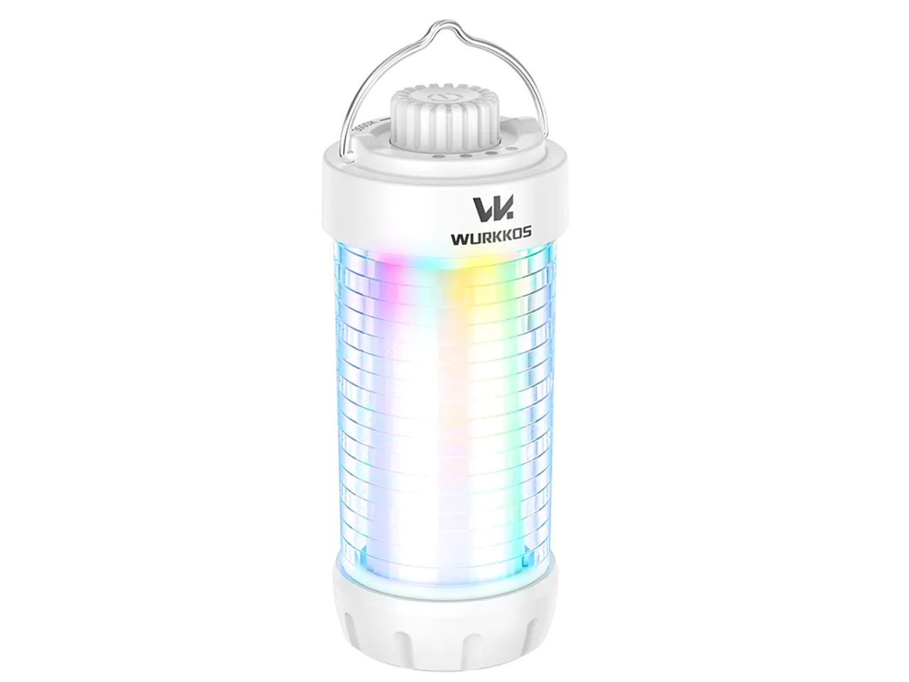 Wurkkos CL01 Campinglampe vor weißem Hintergrund, RGB-Beleuchtung aktiv