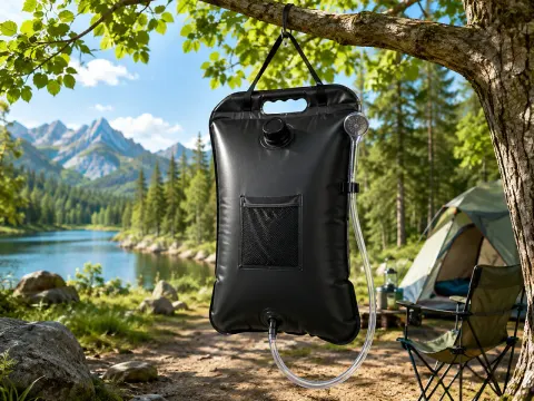 Illustration: Schwarze Camping-Dusche mit Schlauch hängt an einem Baum, im Hintergrund Zelt, Campingstuhl und See