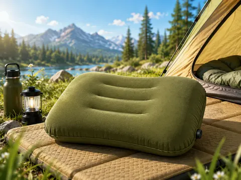 Illustration: Grünes aufblasbares Camping-Kissen auf einer Isomatte vor einem Zelt am Bergsee