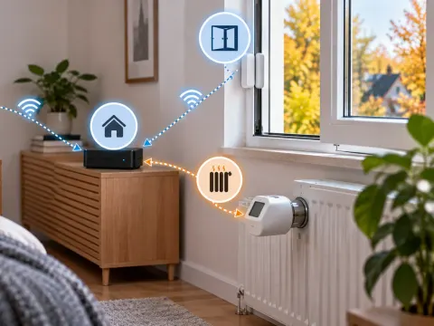 Schematische Illustration: Raumsensor, Fensterkontakt und Heizkörperthermostat, die über eine Smart-Home-Zentrale zusammenlaufen