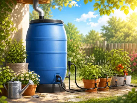 Illustration: Blaue Regentonne mit angeschlossener Tropfbewässerung für Topfpflanzen auf einer Terrasse