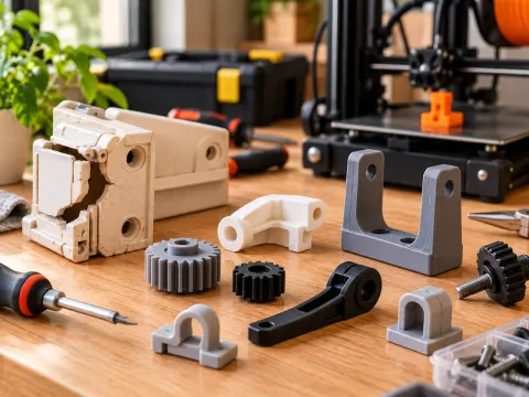Illustration: Ein gebrochenes beiges Kunststoffgehäuse neben mehreren frisch gedruckten Ersatzteilen wie Zahnrädern, Halterungen und Clips auf einer Werkbank, im Hintergrund ein 3D-Drucker