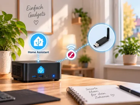 Illustration: Zigbee-USB-Coordinator und Home-Assistant-Mini-PC auf einem Schreibtisch, mit Funkverbindung zwischen beiden Geräten