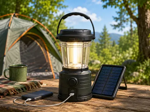 Illustration: Leuchtende Campinglaterne mit Solarpanel und Smartphone auf einem Holztisch vor einem Zelt