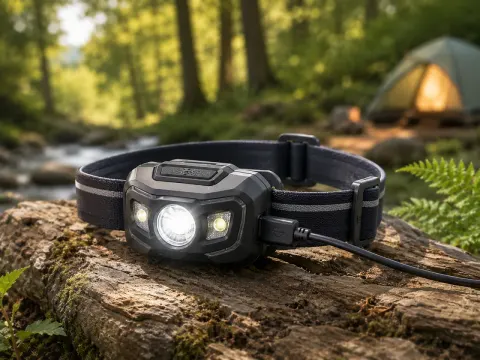 Illustration: Leuchtende Stirnlampe mit angeschlossenem USB-Ladekabel auf einem Baumstamm an einem Waldbach
