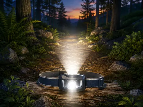 Illustration: Leuchtende Stirnlampe auf einem Baumstamm, der Lichtkegel fällt auf einen Waldweg in der Dämmerung
