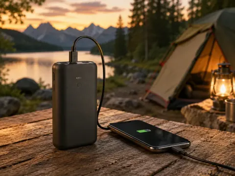Illustration: Powerbank lädt ein Smartphone auf einem Holztisch vor einem Zelt am See