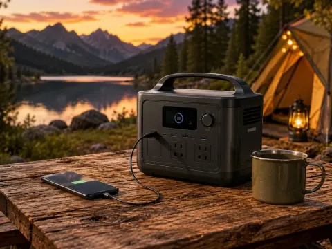 Illustration: Powerstation auf einem Holztisch, daneben ein ladendes Smartphone und ein Becher, im Hintergrund Zelt und Bergsee bei Sonnenuntergang