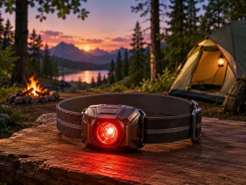 Illustration: Rot leuchtende Stirnlampe auf einem Holztisch, im Hintergrund Lagerfeuer, Zelt und Bergsee im Abendrot
