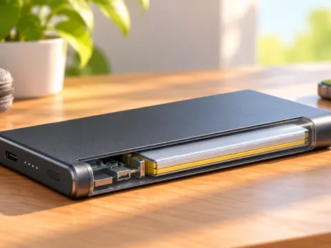 Powerbank auf einem Holztisch mit geöffnetem Gehäuseausschnitt, der die flache Akkuzelle und die Platine im Inneren zeigt