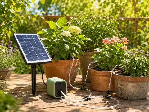 Illustration: Solarpanel mit kleiner Pumpe und Tropfschläuchen an Topfpflanzen auf einer Holzterrasse