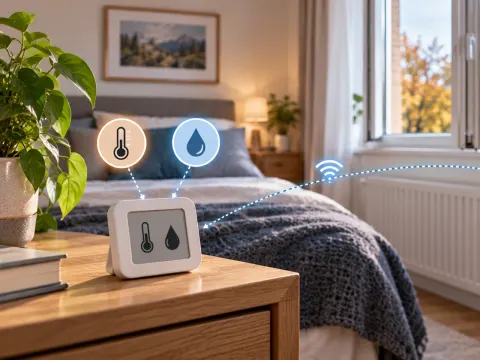 Illustration: Temperatur- und Feuchtigkeitssensor auf einem Nachttisch im Schlafzimmer, mit Funkverbindung zu Heizkörper und Smart-Home-Zentrale