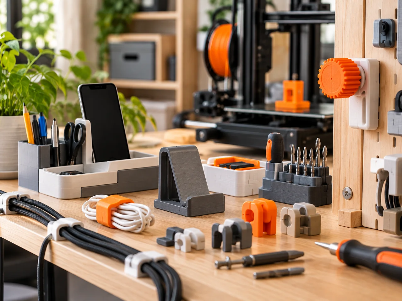 Illustration: Aufgeräumter Schreibtisch mit 3D-gedruckten Kabelclips, einem Stifthalter, einem Smartphone-Ständer und einem Bit-Halter, im Hintergrund ein laufender 3D-Drucker