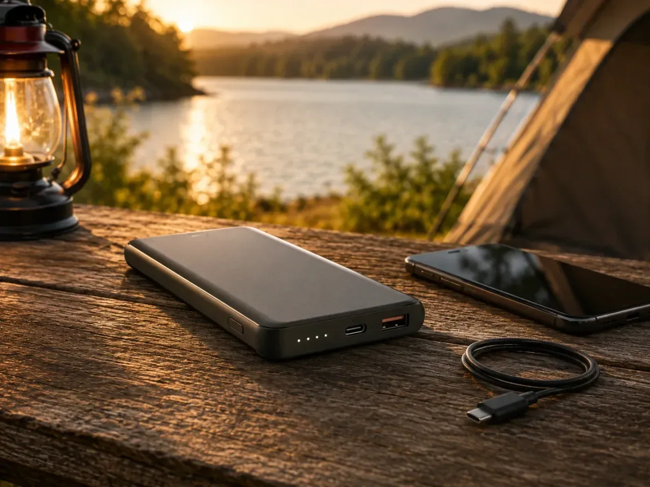 Illustration: Kompakte Powerbank mit integriertem Ladekabel
