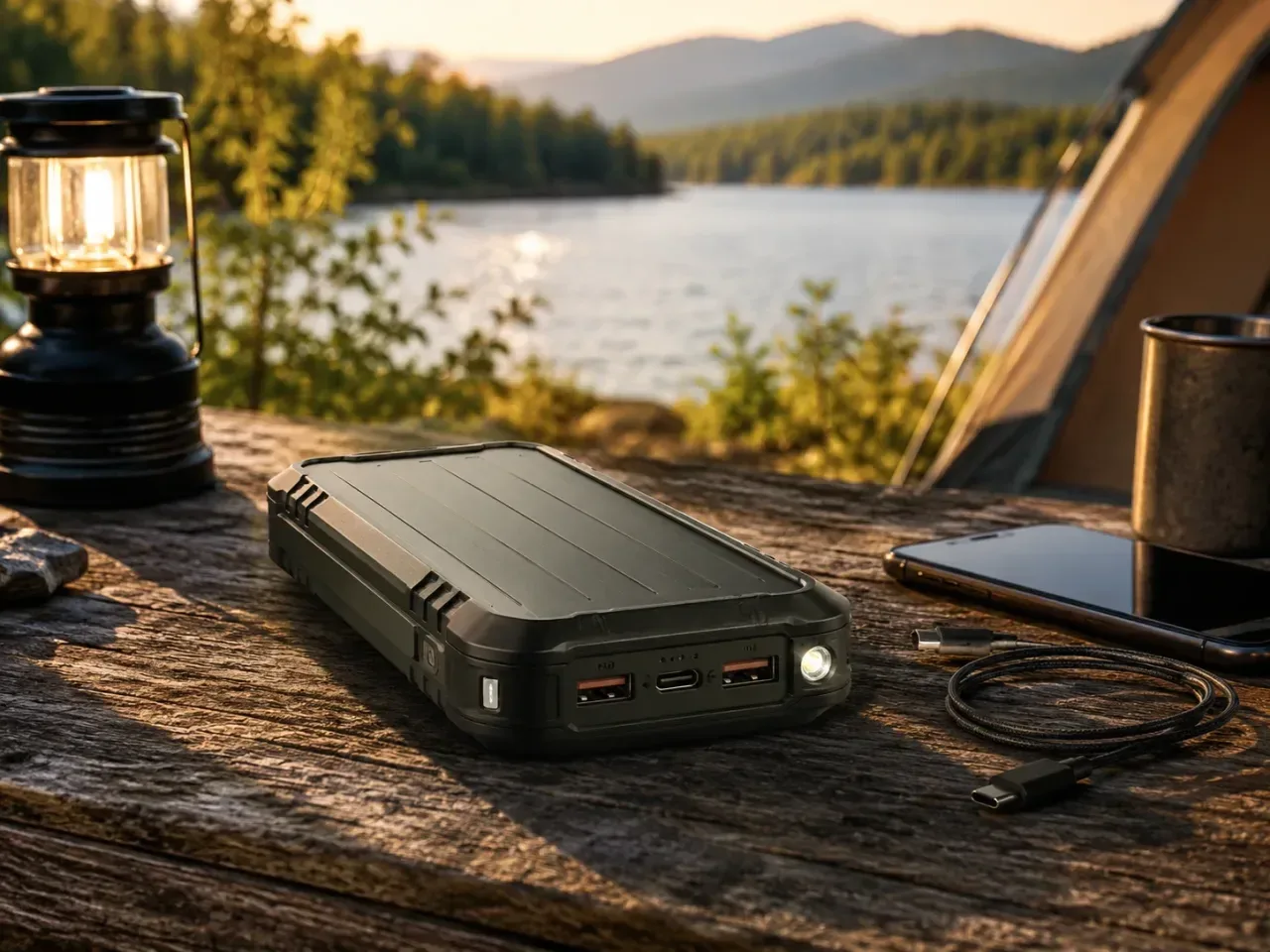 Illustration: Powerbank mit 20.000 mAh am Campingtisch
