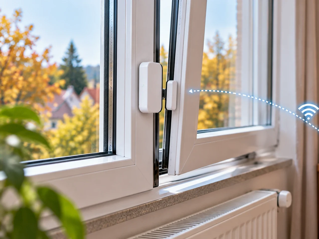 Illustration: Zweiteiliger Tür- und Fensterkontaktsensor an einem gekippten Fenster, mit Funkverbindung zur Smart-Home-Zentrale