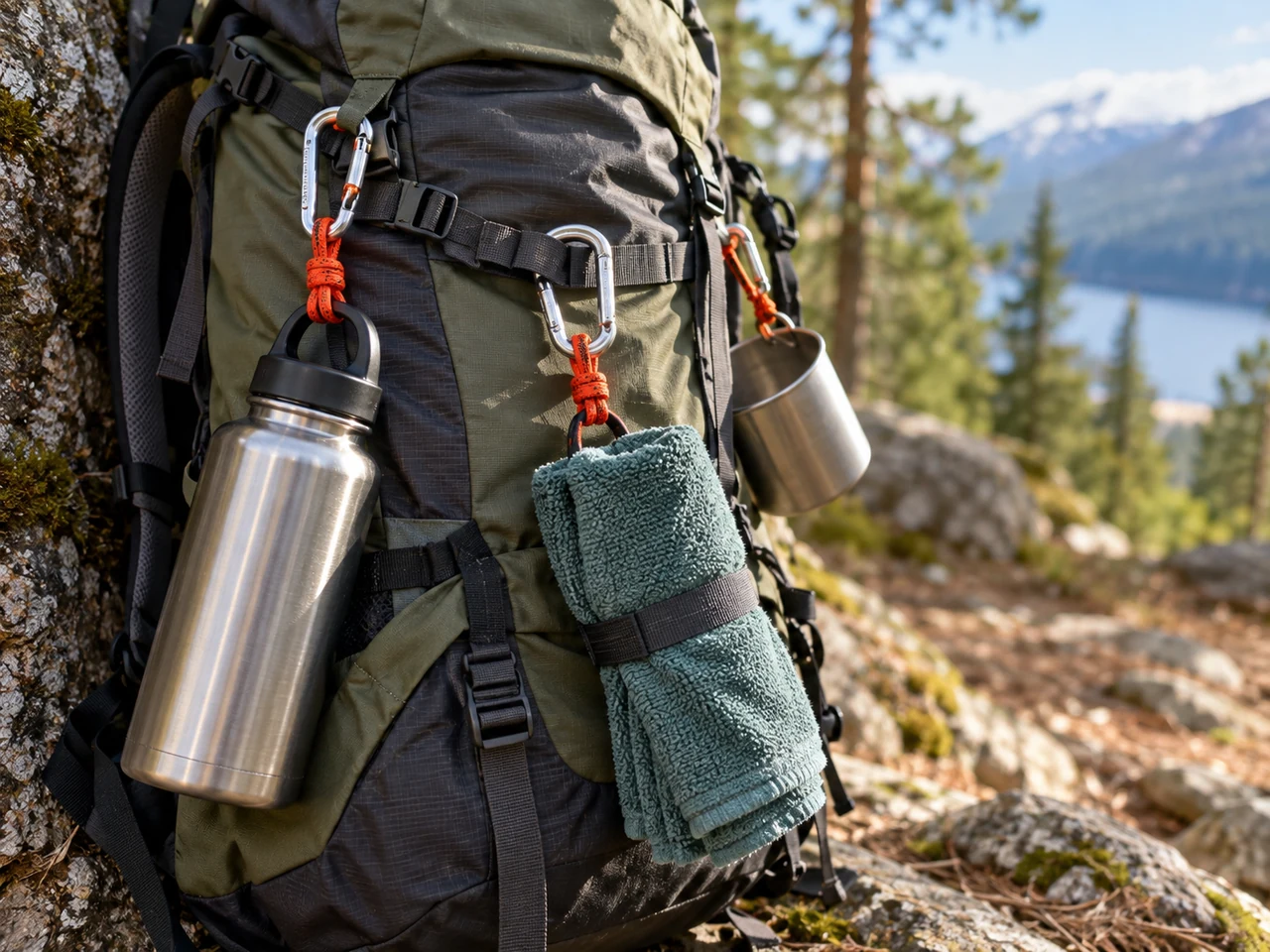 Illustration: Wanderrucksack mit Trinkflasche und Handtuch, per Karabiner und Paracord befestigt