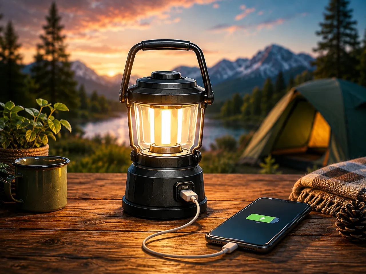 Illustration: Campinglampe mit Powerbank
