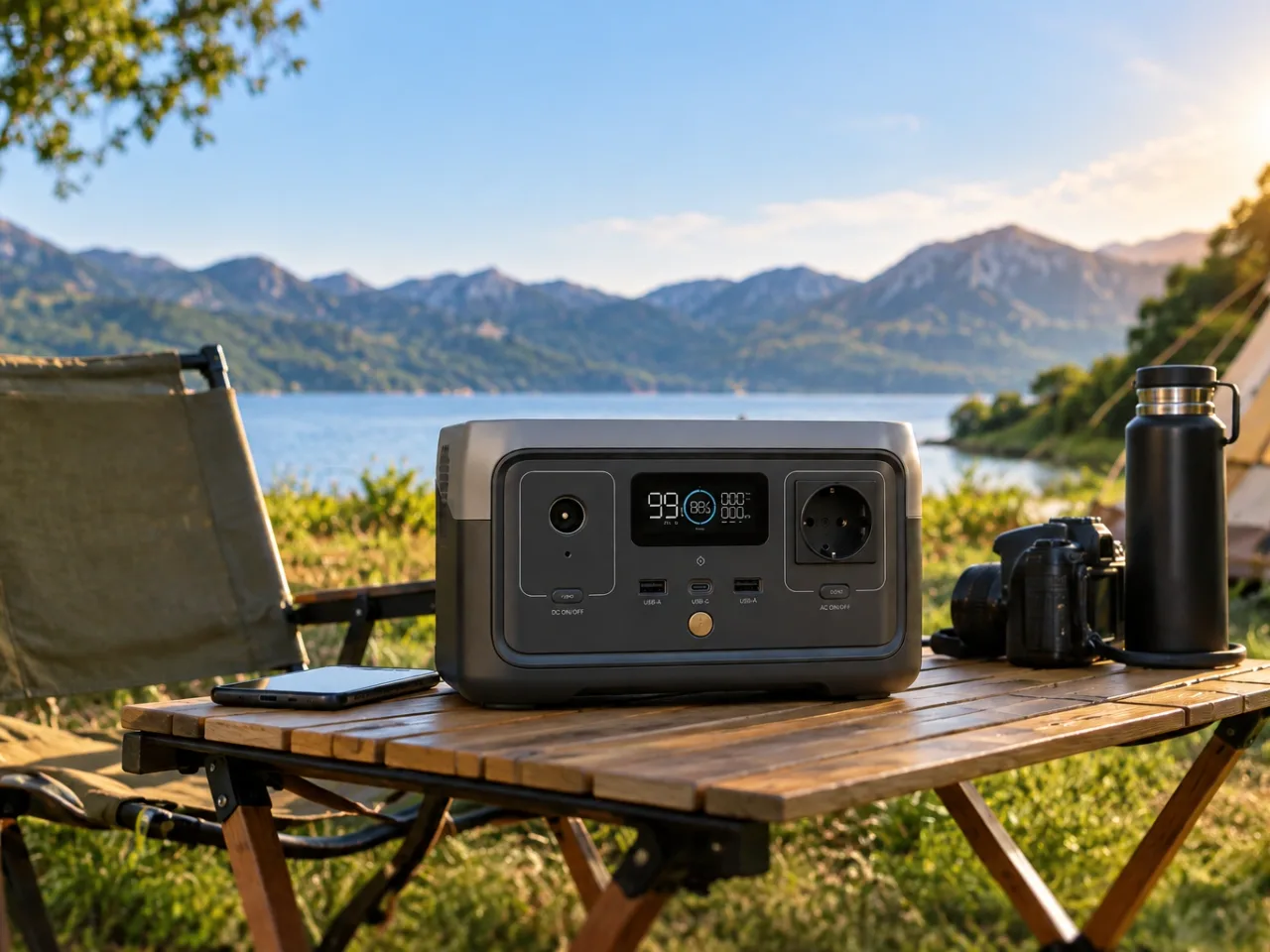 EcoFlow RIVER 2 Powerstation auf einem Campingtisch am See