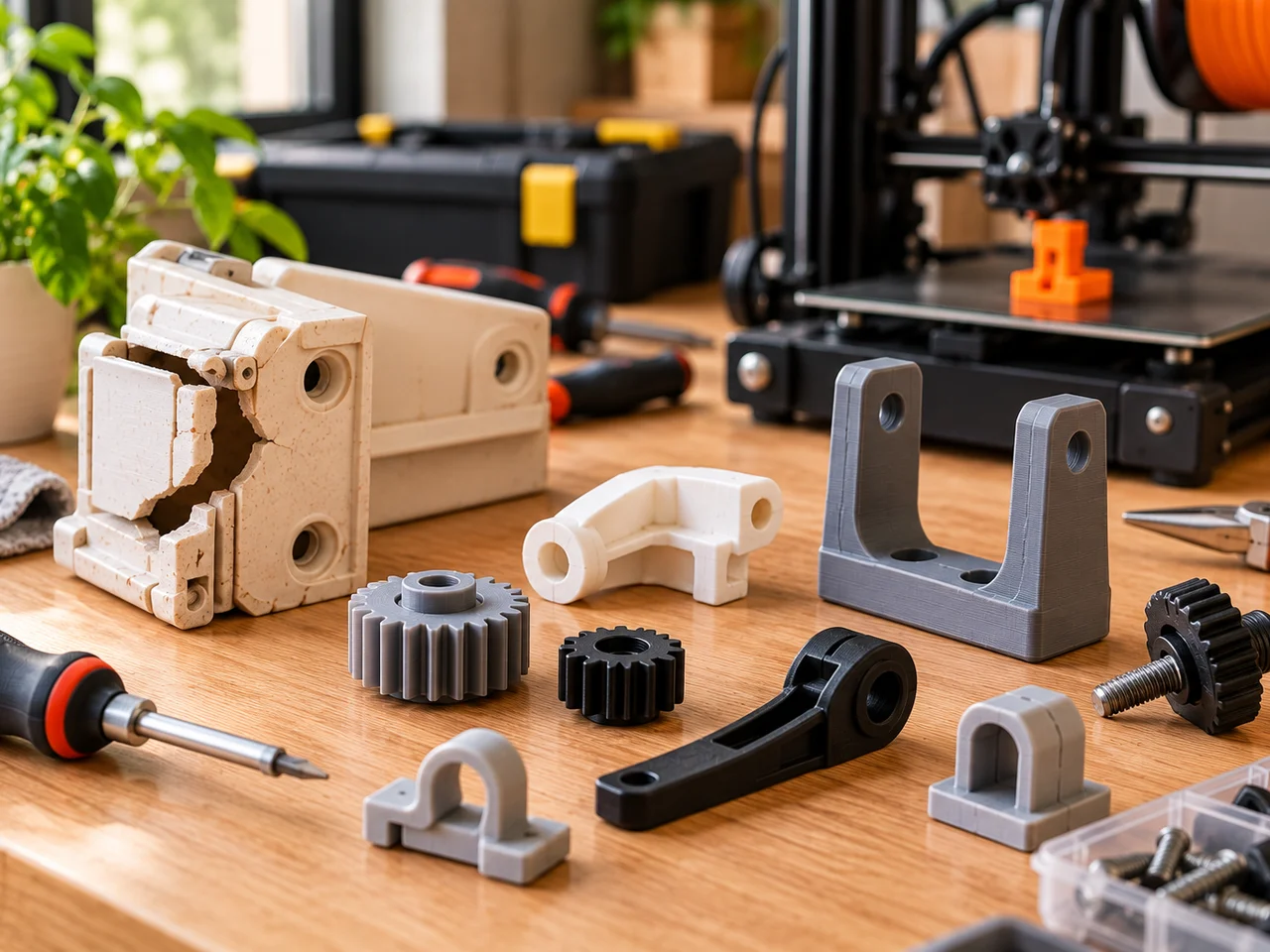 Illustration: Ein gebrochenes beiges Kunststoffgehäuse neben mehreren frisch gedruckten Ersatzteilen wie Zahnrädern, Halterungen und Clips auf einer Werkbank, im Hintergrund ein 3D-Drucker