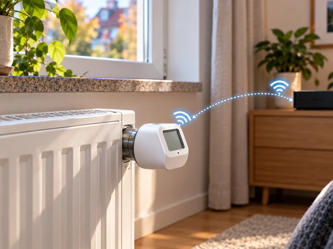 Illustration: Elektronisches Heizkörperthermostat mit Display, mit Funkverbindung zu einer Smart-Home-Zentrale auf einer Kommode