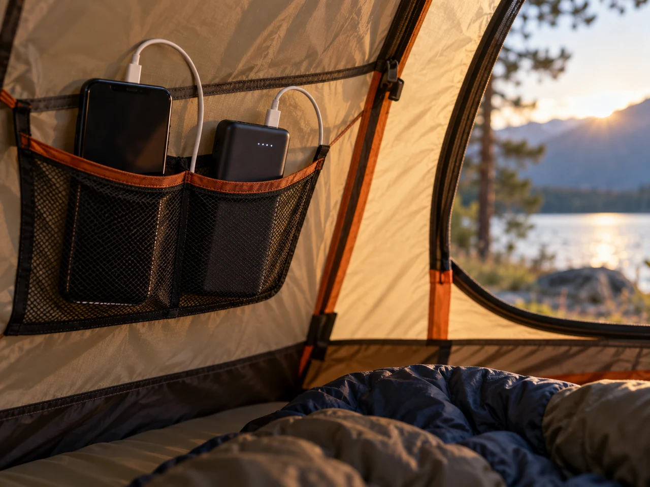 Illustration: Handy und Powerbank in einer Netztasche im Zeltinneren