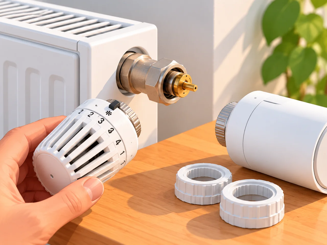 Hand hält einen Thermostatkopf neben dem freiliegenden Ventilstift am Heizkörper, daneben ein smartes Heizkörperthermostat mit zwei Adapterringen