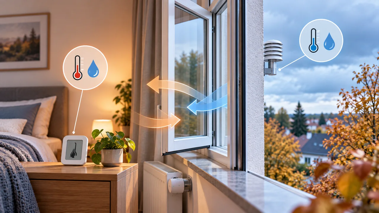 Illustration: Hygrometer im Schlafzimmer, Außensensor neben dem geöffneten Fenster und Pfeile für den Luftaustausch