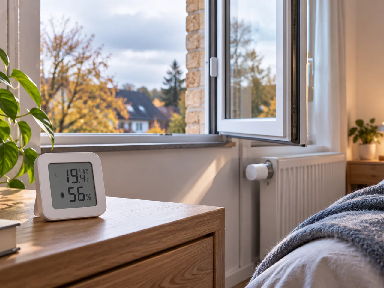 Illustration: Hygrometer auf einem Tisch im Schlafzimmer, geöffnetes Fenster und Heizkörper mit Thermostat