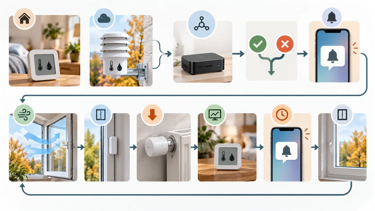 Schematische Darstellung: Innen- und Außensensoren, Auswertung, Benachrichtigung, Fensterkontakt und weitere Überwachung beim Lüften