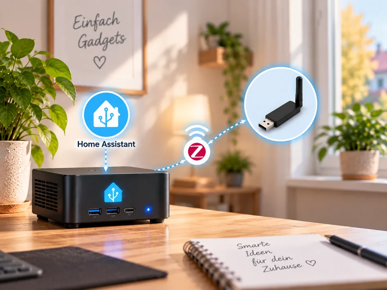 Illustration: Zigbee-USB-Coordinator und Home-Assistant-Mini-PC auf einem Schreibtisch, mit Funkverbindung zwischen beiden Geräten