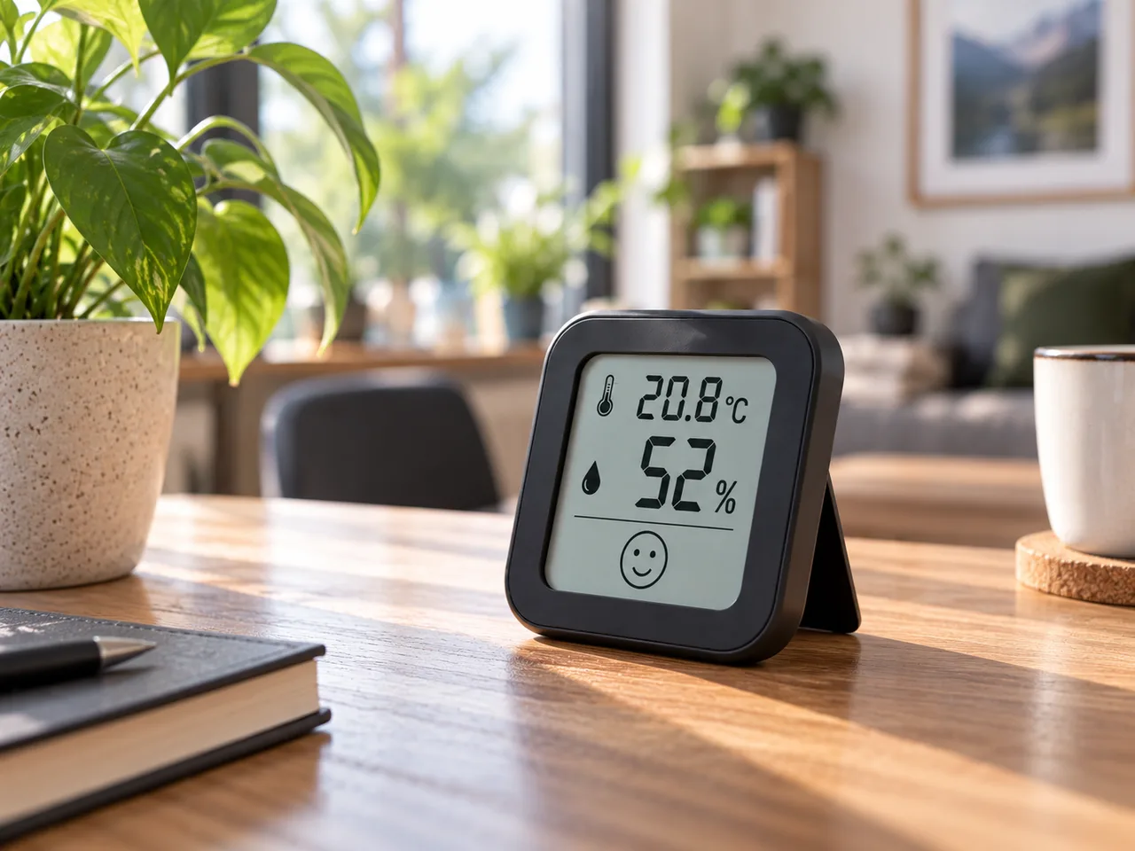 Illustration: Digitales Hygrometer mit 20,8 °C und 52 % Luftfeuchtigkeit auf einem Holzschreibtisch, im Hintergrund eine Zimmerpflanze, ein Notizbuch und eine Tasse in einem hellen Wohnraum