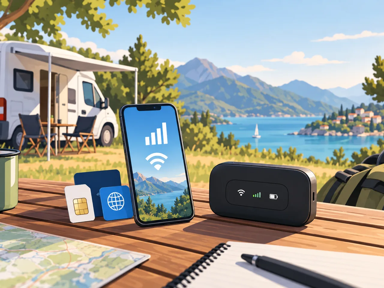 Smartphone mit Empfang und WLAN neben SIM-Karten und mobilem Router am Campingplatz