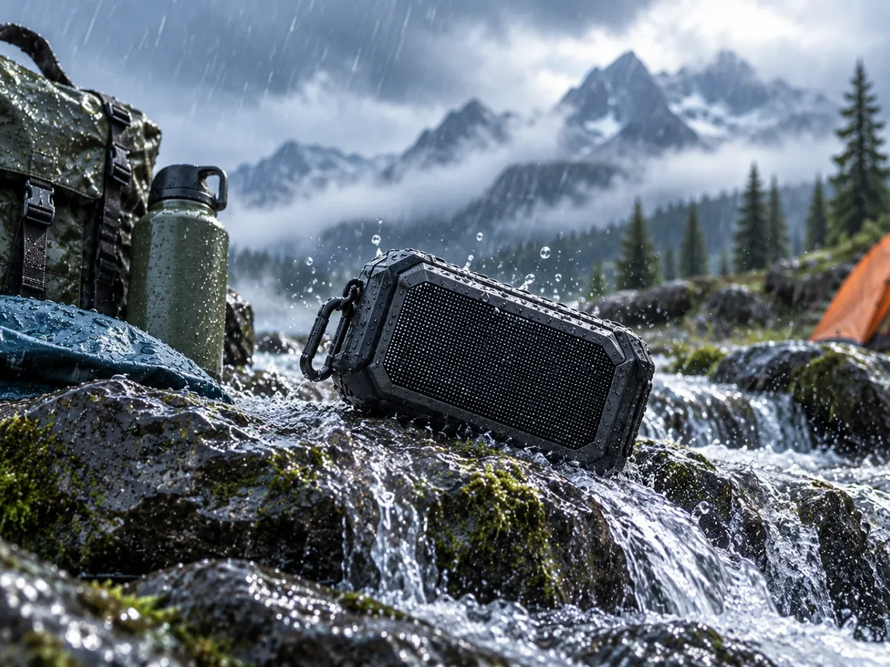 Illustration: Regenszene beim Camping in den Bergen mit nassem Rucksack, Trinkflasche und einem Outdoor-Lautsprecher in einem kleinen Bach, im Hintergrund ein Zelt