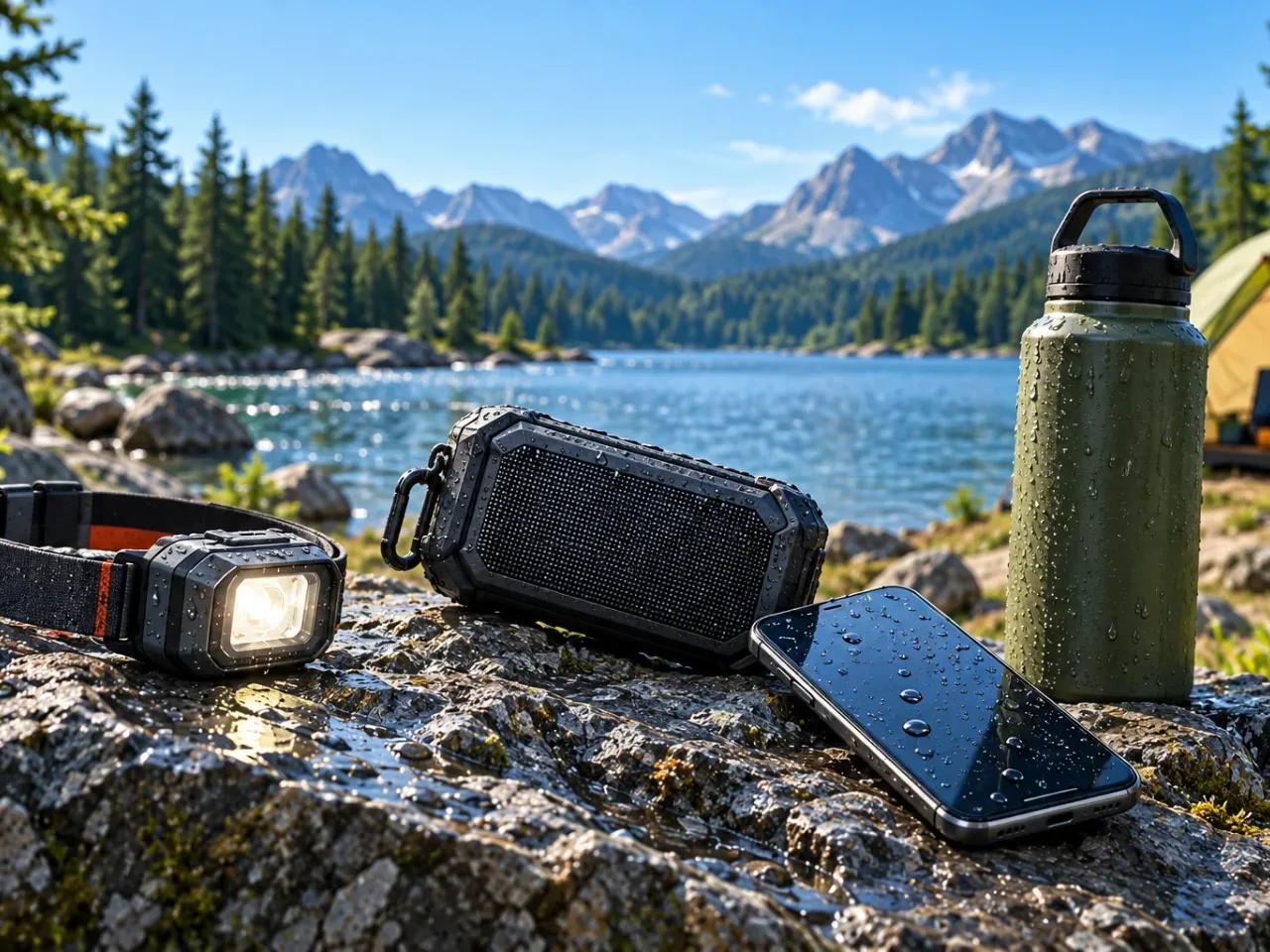Illustration: Stirnlampe, Outdoor-Lautsprecher, Smartphone und Trinkflasche nass auf einem Felsen am Bergsee, im Hintergrund ein Zelt