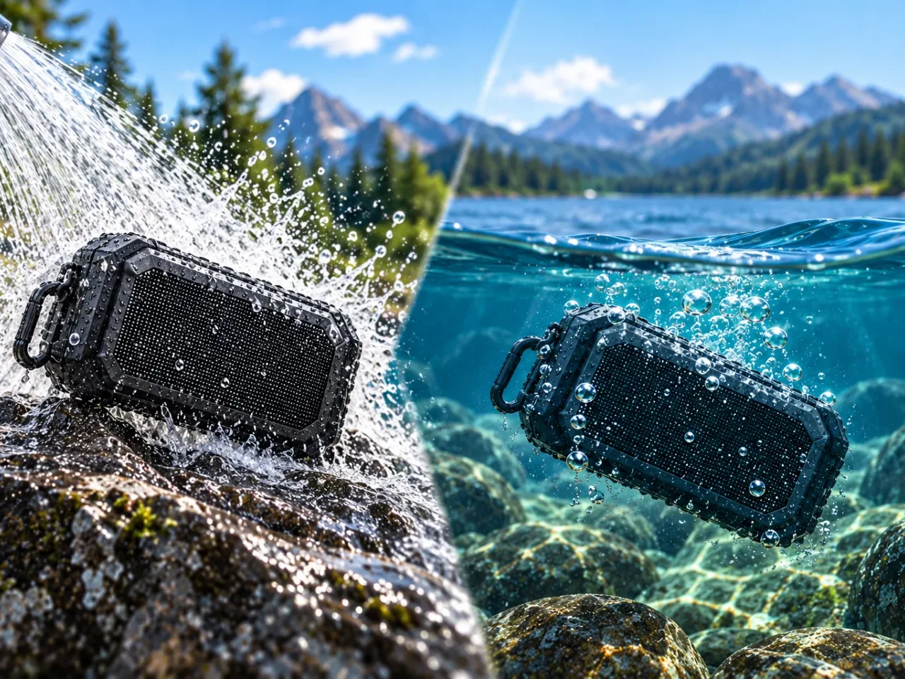 Illustration: Geteiltes Bild – links wird ein robuster Outdoor-Lautsprecher von einem kräftigen Wasserstrahl getroffen, rechts liegt derselbe Lautsprecher untergetaucht unter Wasser