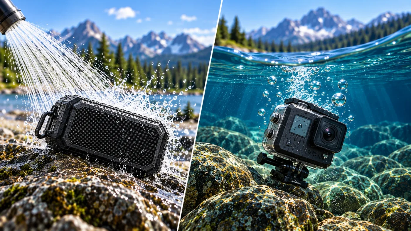 Illustration: Geteiltes Bild – links wird ein robuster Outdoor-Lautsprecher von einem kräftigen Wasserstrahl getroffen, rechts liegt derselbe Lautsprecher untergetaucht unter Wasser