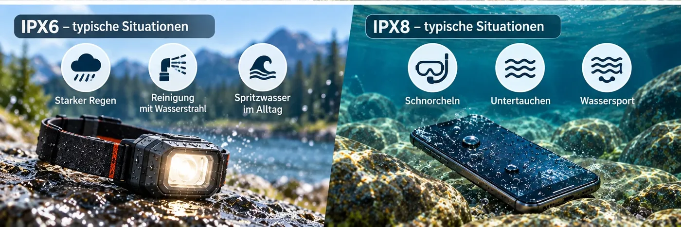 Illustration: Zwei typische Situationen im Vergleich – Stirnlampe im Strahlwasser am Bergsee und Smartphone untergetaucht zwischen Steinen im klaren Wasser