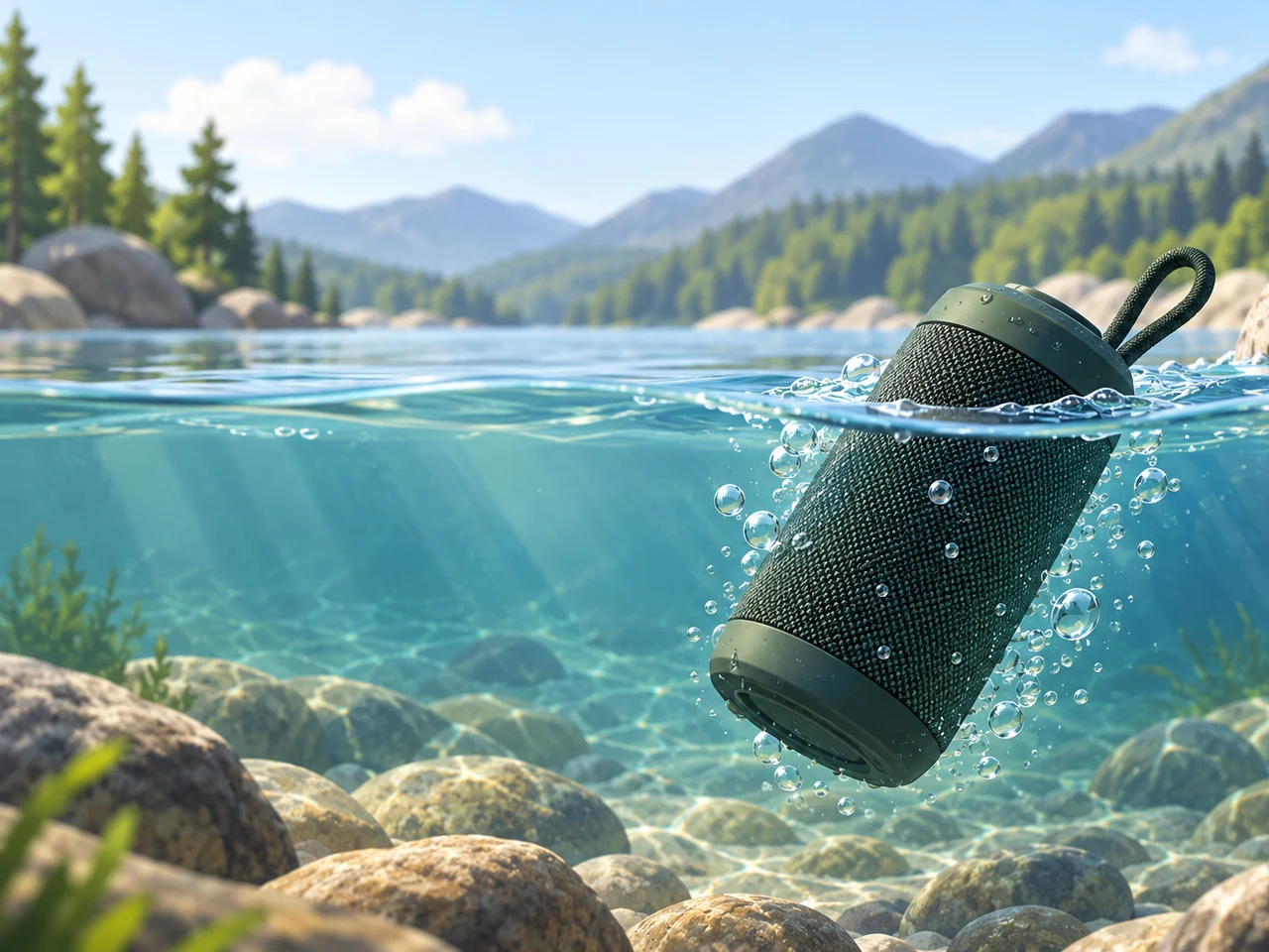 Illustration: Tragbarer Outdoor-Lautsprecher halb untergetaucht in einem klaren Bergsee
