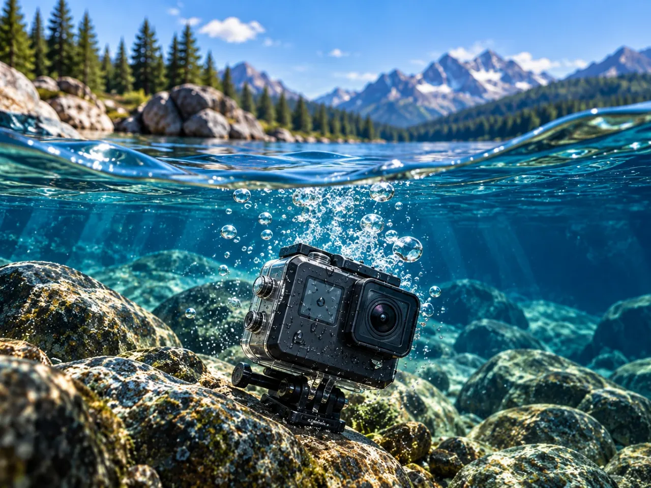 Illustration: Actioncam in wasserdichtem Gehäuse halb untergetaucht in einem klaren Bergsee