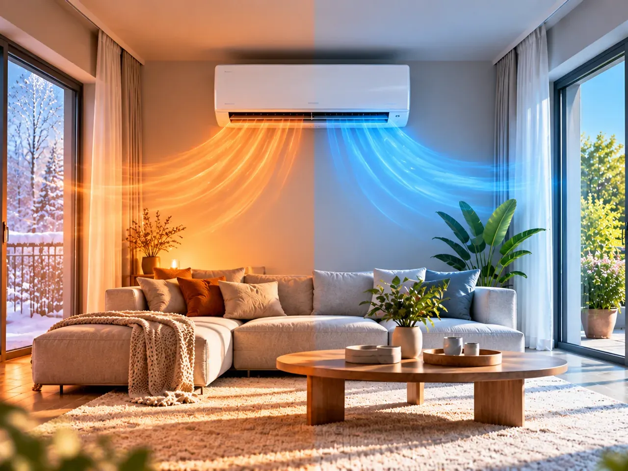 Illustration: Split-Klimaanlage im Wohnzimmer, links ein warmer orangefarbener Luftstrom vor einem verschneiten Garten, rechts ein kühler blauer Luftstrom vor einer sonnigen Terrasse