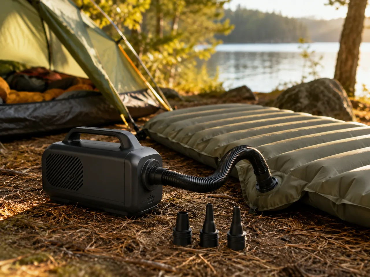 Elektrische Camping-Luftpumpe beim Aufpumpen einer Luftmatratze, mit Anzeige von Druck und Durchsatz
