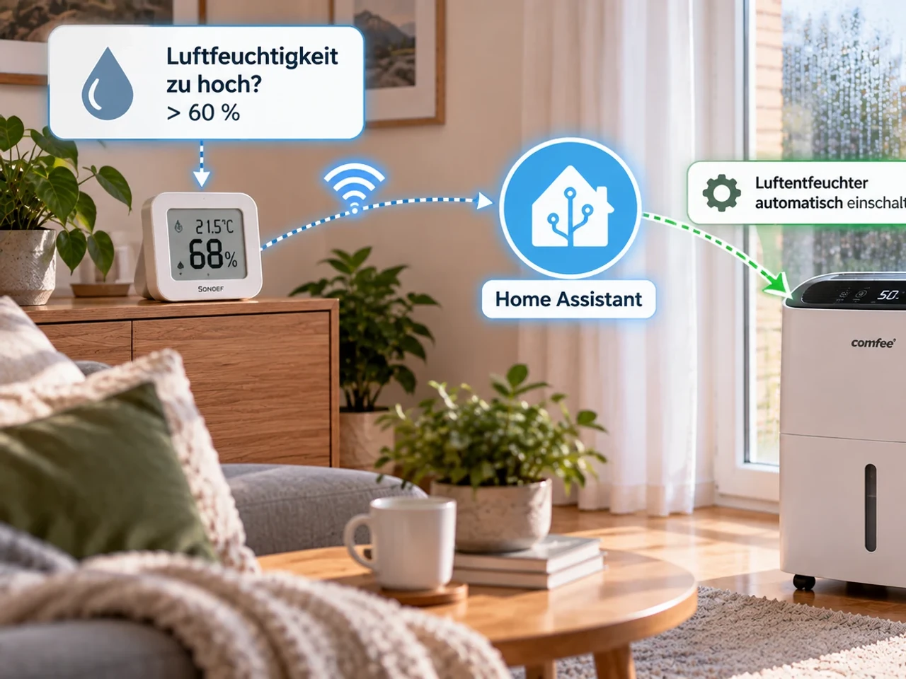 Schematische Illustration: Raumsensor meldet hohe Luftfeuchtigkeit an eine Smart-Home-Zentrale, die daraufhin einen Luftentfeuchter automatisch einschaltet