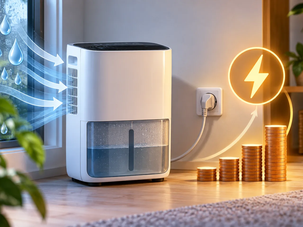 Illustration: Weißer Luftentfeuchter mit gefülltem Wassertank vor einem regennassen Fenster, daneben eine Steckdose mit Stecker, ein Blitz-Symbol und ansteigende Münzstapel als Sinnbild für Stromkosten