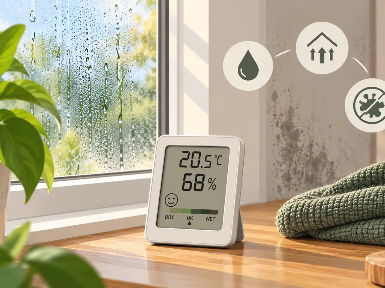 Illustration: Digitales Hygrometer mit 20,5 °C und 68 % Luftfeuchtigkeit auf einer Fensterbank vor einem beschlagenen Fenster, daneben Symbole für Feuchtigkeit, steigende Werte und Schimmelvermeidung sowie Schimmelflecken an der Wand im Hintergrund