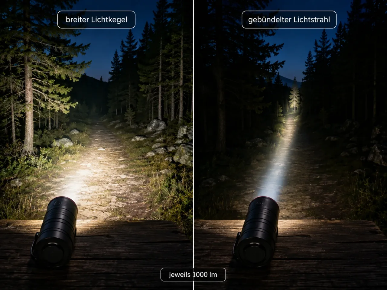 Illustration: Vergleich breiter Lichtkegel gegen gebündelten Lichtstrahl bei jeweils 1000 Lumen