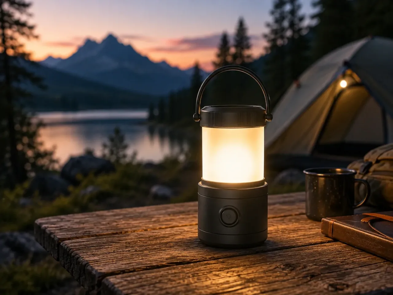 Illustration: Campinglaterne mit warmem Licht am Bergsee in der Dämmerung