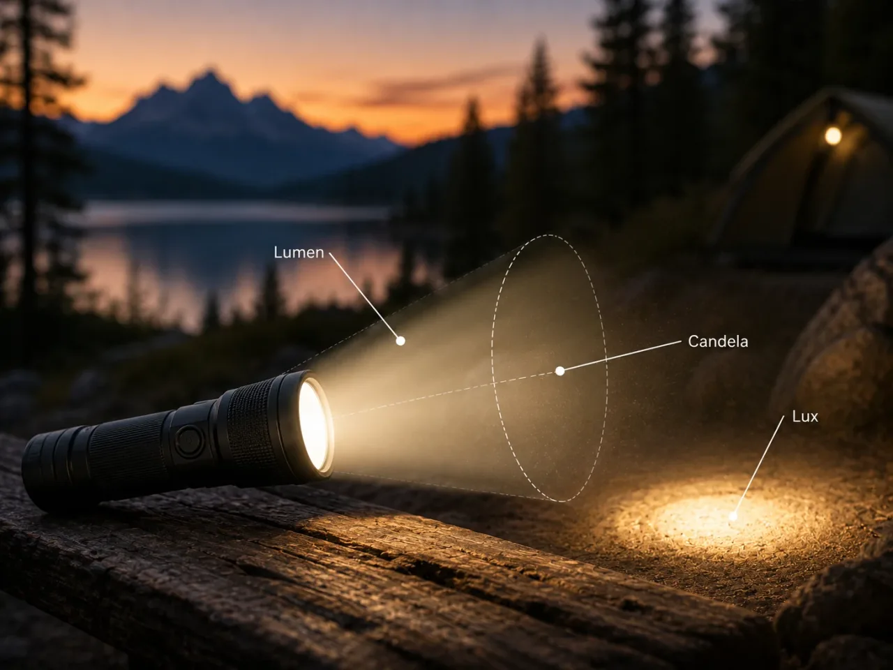 Illustration: Taschenlampenstrahl mit Beschriftung von Lumen, Candela und Lux