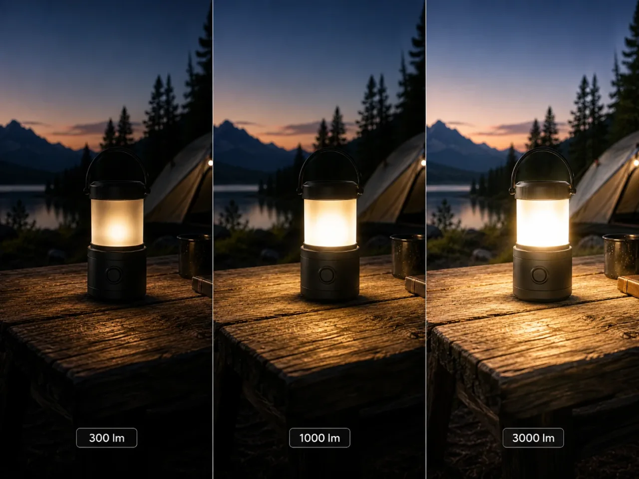 Illustration: Größenvergleich derselben Campinglaterne bei 300, 1000 und 3000 Lumen