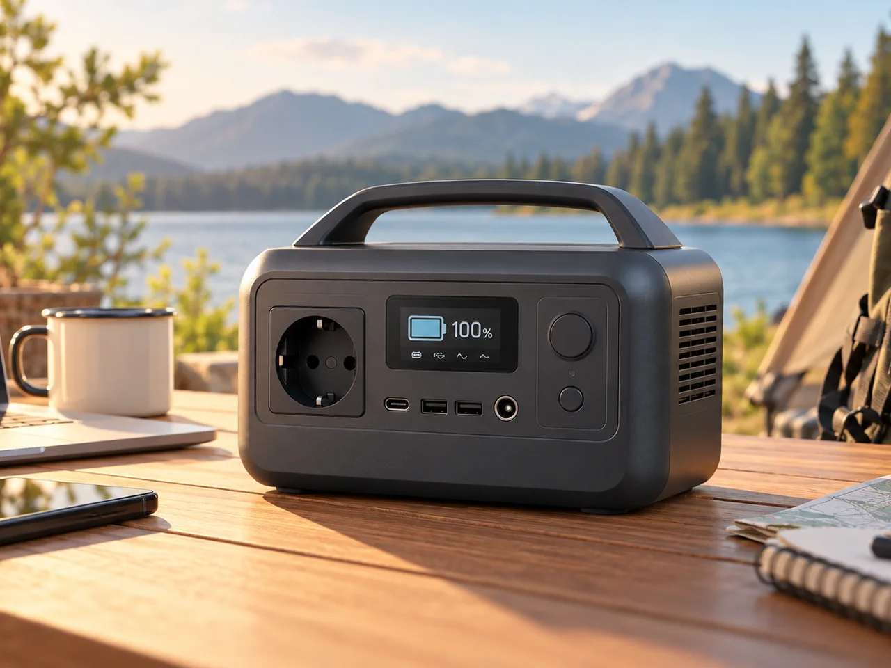 Illustration: Kompakte Mini-Powerstation neben Rucksack und Laptop